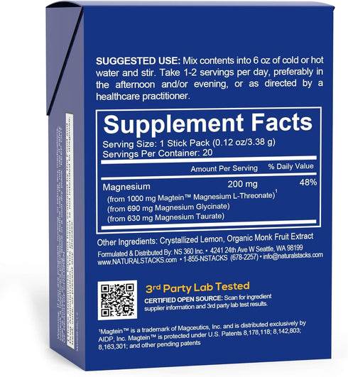 MagTech Magnesium Lemonade Drink Mix - Chelated Magnesium Complex, 20 Stick Packs