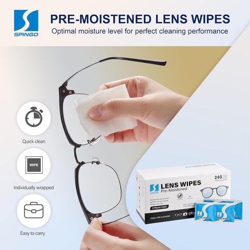 SPINGO (240 Count) Eye Glasses Cleaner Wipes, Pre-moistened Glasses Wipes, Eyeglass Cleaning Wipes for Sunglasses