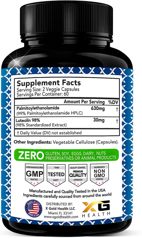 Palmitoylethanolamide 630 mg + Luteolin Supplement, 120 Veggie Capsules, Made in USA