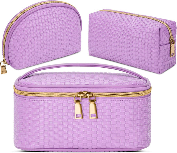 KTMOUW 3 Pcs Waterproof Makeup Bag Set, Portable Travel Organizer Toiletry Bag for Women, Purple Weave