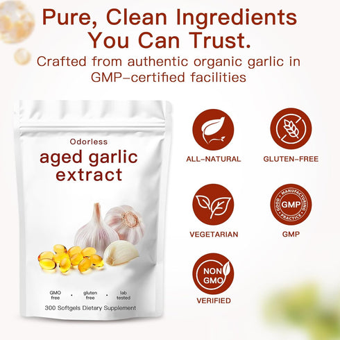 ZEYARUIBO Extract-300 Count Immune 2-Year Aged Garlic Odorless Organic Garlic Capsules Supplement for Heart & Support
