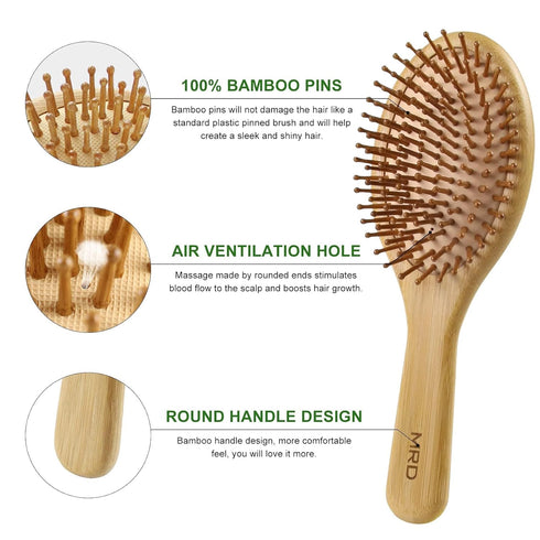 MRD Hair Brush Set, Natural Bamboo Comb Paddle Detangling Hairbrush, Wide-tooth & Tail Comb for All Hair Types