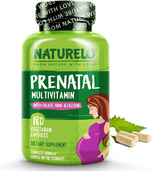 NATURELO Prenatal Multivitamin with Gentle Chelated Iron, Methyl Folate, Plant Calcium & Choline - Vegan, 180 Capsules