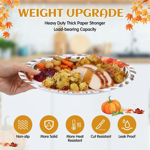 Maxdot 100 10 12 Inch Set 50 Pcs Thanksgiving Plates and Napkins x Disposable Gold Fall Pumpkin Oval Paper Plates
