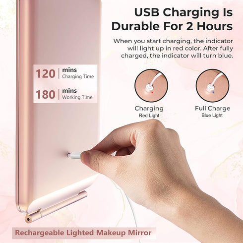 Portable Rechargeable Travel Makeup Vanity Mirror - Dimmable LED Lights, 3 Lighting Modes, Rose Gold