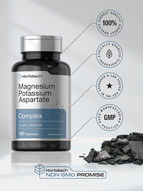 Horbaach Magnesium Potassium Aspartate Complex, 180 Capsules, Non-GMO and Gluten Free