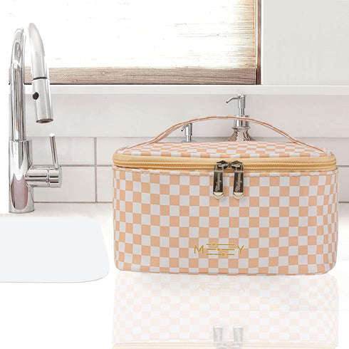 KITENROM Preppy Makeup Bag, Travel Cosmetic Bags for Women, Multi-color Checkered Small Pouch, Waterproof (Pink