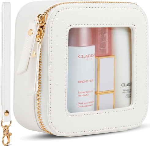 Clear Makeup Bag, Mini Small Cosmetic Bag for Purse, Cute Leather Makeup Pouch, White Mini