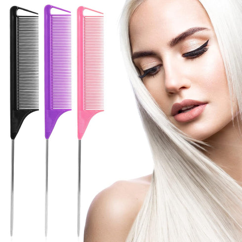 Rat Tail Combs Set: 3Pcs Long Steel Pin Teasing Combs for Salon Hair Stylists, Metal Parting Combs