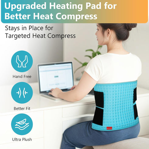 Comfytemp Wearable Heating Pad for Back Pain Relief - 12"×24" Electric Large Heat Pad with 2 Elastic Straps