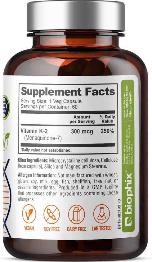 biophix Vitamin K2 MK-7-300 mcg 60 Vcaps - High-Potency Supports Strong Bones Immune Health and D-3