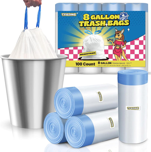 8 Gallon Trash Bags, Drawstring 1.2 Mil, 100 Count, White Medium Garbage Bags Unscented