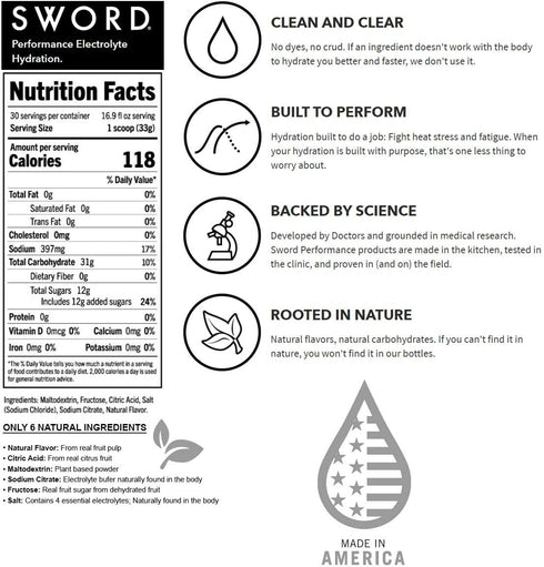 SWORD Performance Electrolyte Powder, Carbohydrate Energy Drink Mix, 30 Servings, Gluten-Free
