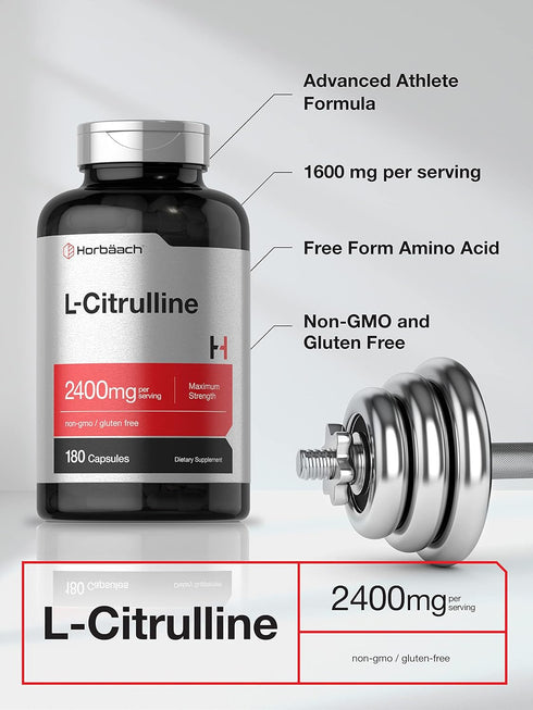 Horbaeach L Citrulline Capsules 2400mg, 180 Count, Maximum Strength Free Form Amino Acid, Non-GMO, Gluten Free