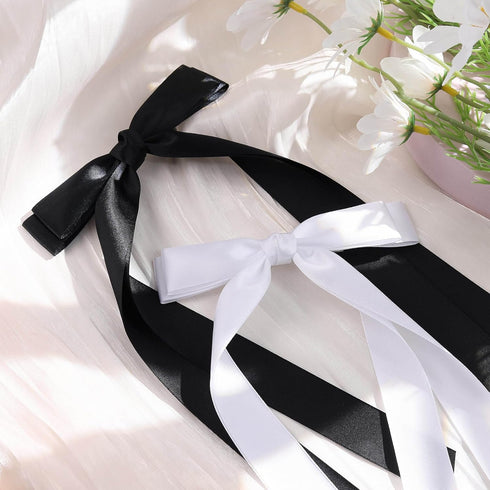 VOBOBE 4PCS Hair Bows for Women Girls, Black White Satin Tassel Bowknot Hair Clips Barrettes with Long Tail