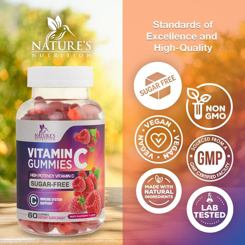 Zero Sugar Vitamin C Gummies - Immune Support & Antioxidant Dietary Supplement, Raspberry Flavor, 60 Count