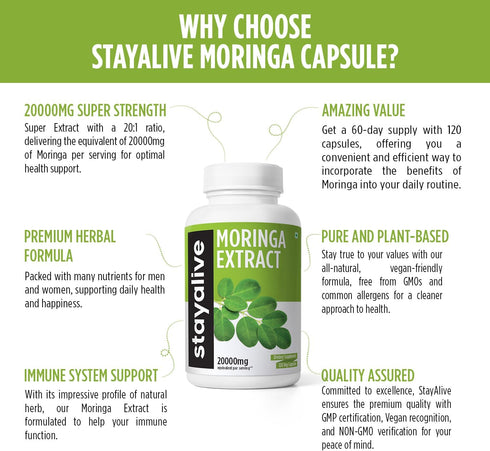 STAY ALIVE Pure Moringa Capsules, 20000mg Equivalent - 120 Vegan Moringa Pills for Immune & Digestive Support