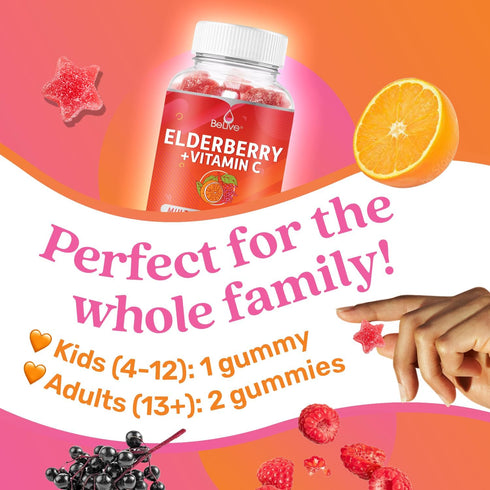 BeLive Elderberry Gummies with Zinc, Vitamin C, D, A, E, B12 - 50 Ct Immune Support Supplement, Vegan, Raspberry