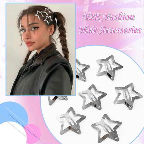 NAISKA 1.65" Star Hair Clips - 20PCS Silver Y2K Non Slip Hair Pins, Snap Hair Barrettes for Girls and Women