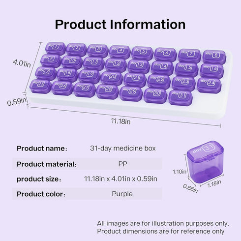 UHZBTEC 31 Monthly compartments Pill Organizer Day Pill Organizer for Medicine Vitamin Holder Container (Purple)