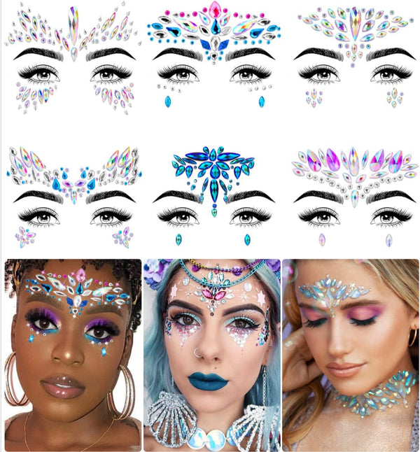 iMethod Mermaid Face Jewels, Stick On Gems for Rave Accessories, 6 Pcs Multicolored for Festival & Holiday Costumes