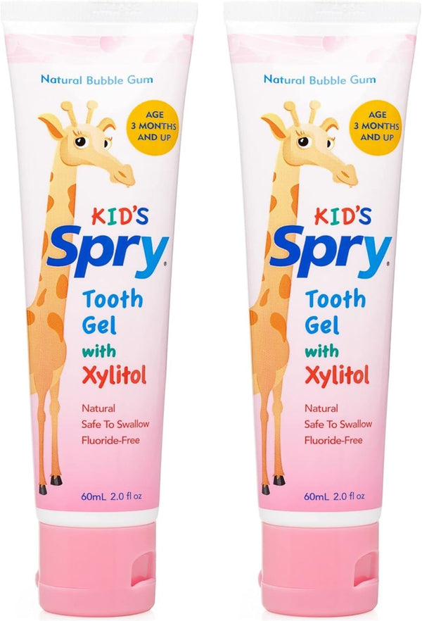 Spry Natural Xylitol Toothpaste for Baby, Toddler, Kids Age 3 Months and Up - Fluoride Free, Bubble Gum, 2 Fl Oz (Pack