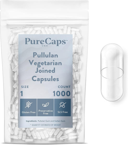 PureCaps USA Empty Vegetarian Vegan Pullulan Pill Capsules, Size 1, 1,000 Joined Pills, Clear