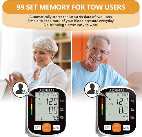 Automatic Wrist Blood Pressure Monitor with Adjustable Cuff, 2AAA Battery, Storage Case, Irregular Heartbeat Detector