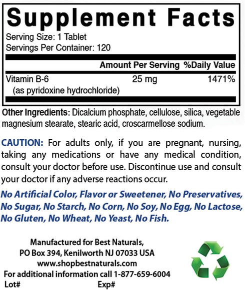 Best Naturals Vitamin B6 25mg, 120 Tablets (120 Count (Pack of 3))