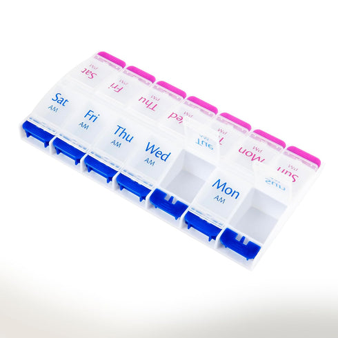 Smart Essentials 7-Day Weekly AM/PM Pill Organizer, Medicine Box with Large Compartments, Pink and Blue, Clear Plastic