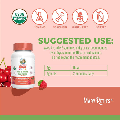 MaryRuth Organics Kids Vitamins, USDA Organic Multivitamin Gummies for Ages 4+, Vegan, 60 Count