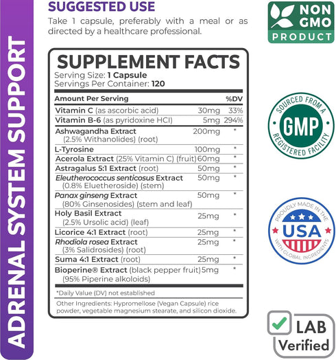 Adrenal Support & Cortisol Manager - Non-GMO, 120 Capsules, Powerful Adrenal Health with Ashwagandha