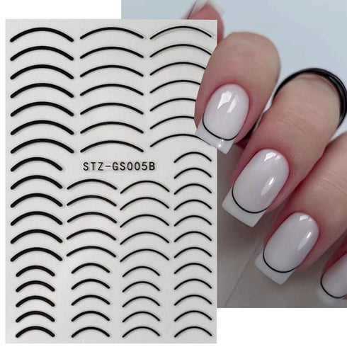 Line Nail Art Stickers, 3D Curved Lines Decals, Gold Silver Black Adhesive Tapes for French Nail Design, 8 Sheets