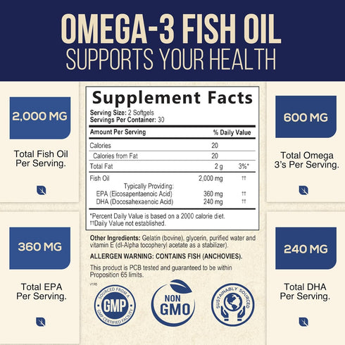 Omega 3 Fish Oil Triple Strength 2000 mg Softgels, Omega-3 Supplements, Natural Brain Heart Joint Health & Immune Support - Fatty Acids with EPA & DHA - Fish Oil Supplement - 60 Fish Oil Softgels