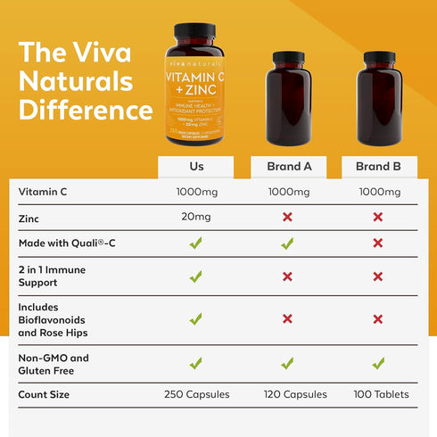 Viva Naturals Vitamin C 1000 mg and Zinc 20 mg Supplement (250 Capsules) for Immune Support, Plant Based