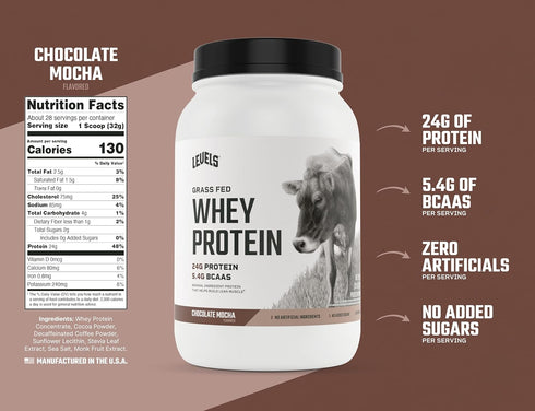 Levels Grass Fed Whey Protein Powder - No Artificials, 24G Protein, Chocolate Mocha, 2LB