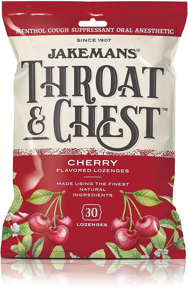 Jakemans Cherry Throat & Chest Lozenges Cough Drops – Soothing Relief for Cough, Sore Throat, Seasonal Distress – 30