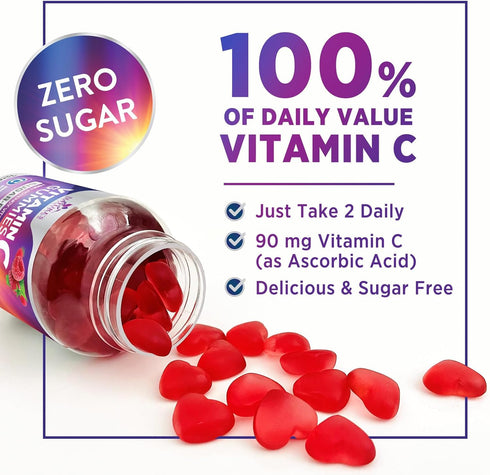 Zero Sugar Vitamin C Gummies - Immune Support & Antioxidant Dietary Supplement, Raspberry Flavor, 60 Count