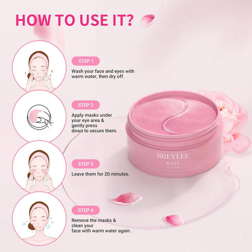 BREYLEE Rose Eye Mask - 60 Pcs Under Eye Patches for Puffy Eyes, Hydrates and Firms Eye Area for Women and Men