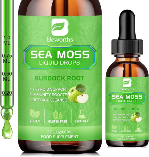Sea Moss Liquid Drops, Organic Irish Sea Moss Gel with Burdock Root, 2 Fl Oz for Immune, Joint, Detox Support