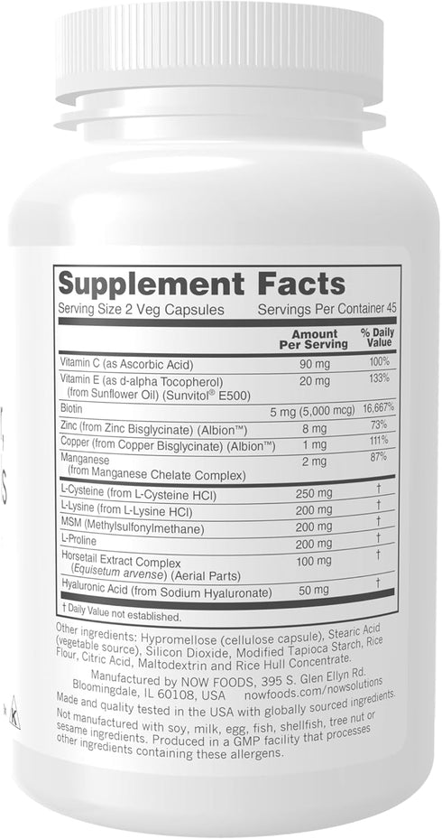 NOW Solutions Vegan Hair, Skin & Nails Nutritional Support with 5,000 mcg Biotin, 90 Veg Capsules