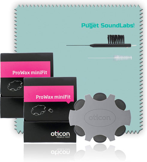 Oticon Prowax Minifit Replacement Wax Filters for Hearing Aids with Puget SoundLabs Brush, Cleaning Cloth Kit (2 Pack)