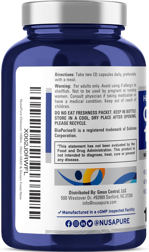 NusaPure Chitosan 1200mg - 150 Caps, Non-GMO & Soyfree with Bioperine