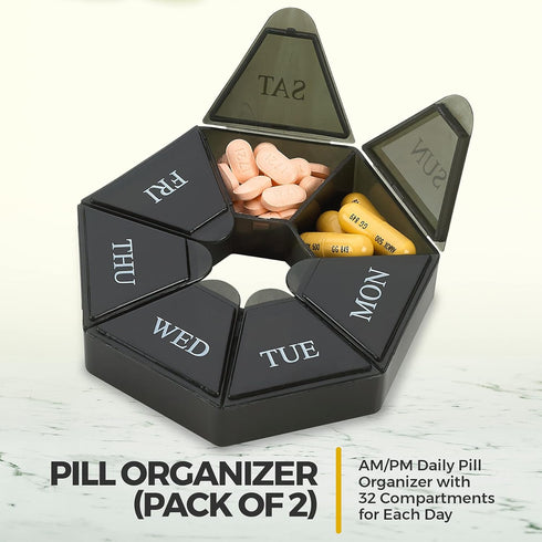 Weekly Pill Organizer - 2 Pack 7-Day Pill Container, Arthritis Friendly Portable & Compact Travel Case for Supplements,
