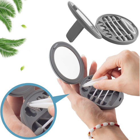 Strogem Reusable Cotton Swabs with Mirror for Makeup Application and Cleaning, Portable Washable Silicone Q-Tip (Gray)