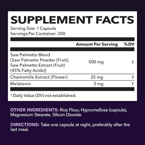 Night Time Saw Palmetto for Men - Supplement with Melatonin and Chamomile Extract for Sleep & Prostate Support