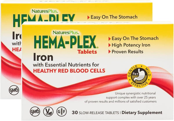 NaturesPlus Hema-Plex Iron - 30 Slow-Release Tablets with Vitamin C for Healthy Red Blood Cells, 2 Pack