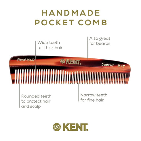Kent R7T Double Tooth Hair Pocket Comb, Small Fine/Wide Tooth for Hair, Beard, Mustache, Handmade in England