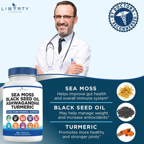 Sea Moss 3000mg, Black Seed Oil 2000mg, Ashwagandha 1000mg, Burdock 1000mg Root Mineral Support - 120 Count