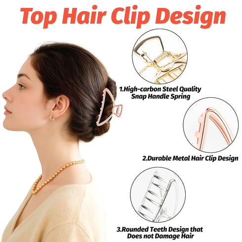 VinBee Metal Hair Claw Clips for Women, Medium for Thick Hair, 3 Pack (Silver + Gold + Rose Gold)